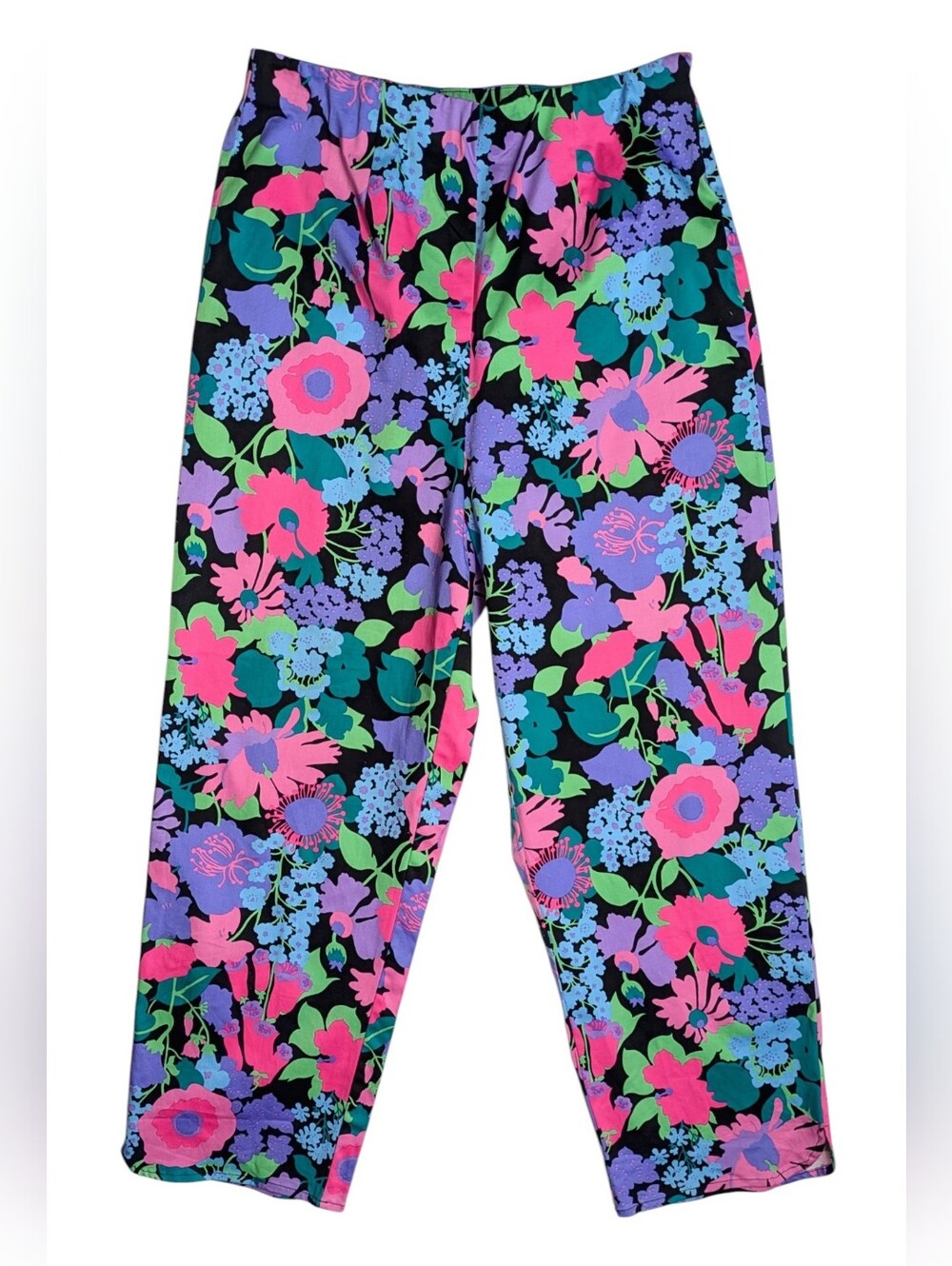 Vintage Bob Mackie Floral Cropped Pants in Black with Pink & Purple Flowers Size